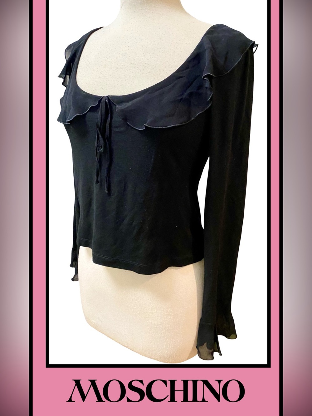 MOSCHINO Jean Black Top Drapey Ruffle Neckline & Sleeve 42 ( 10/8) Medium NEW
